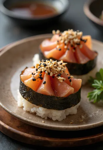 Omusubi tonhal majonézzel, nori algával és szezámmaggal tálalva