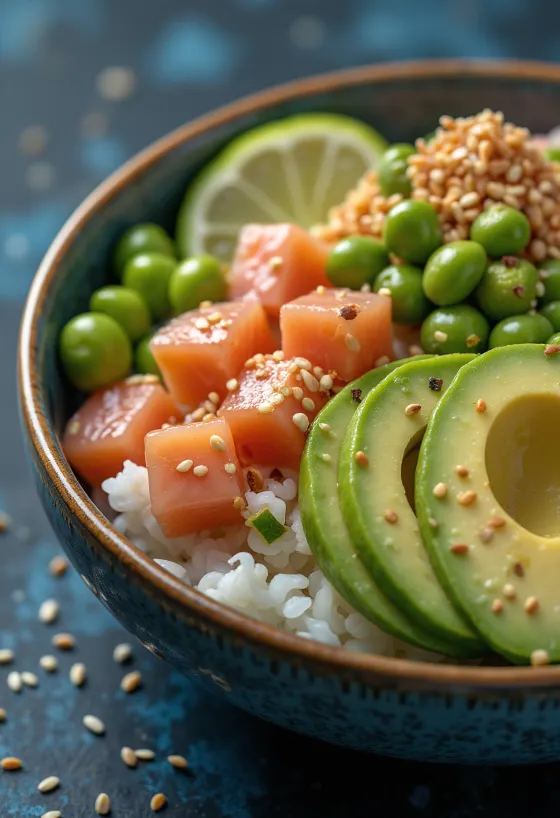 Poké bowl edamame babbal, friss lazaccal és avokádóval