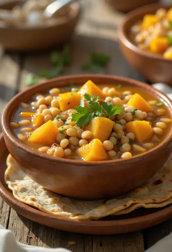Pozole con calabaza tálalva lime-mal, korianderrel és friss zöldhagymával