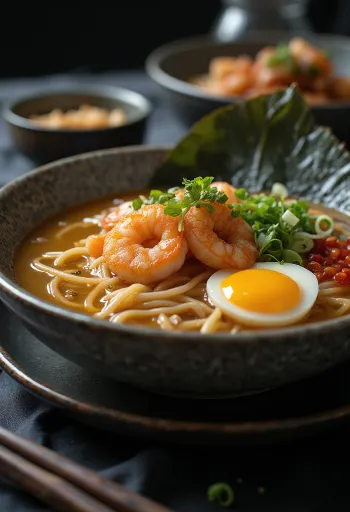 Ramen tál sült garnélával, tésztával és feltétekkel