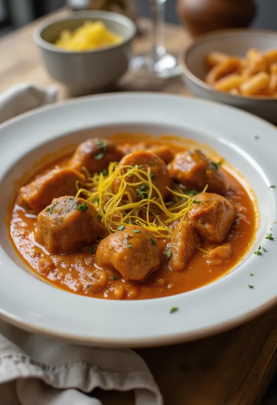 Rogan Josh sáfránnyal, fűszeres szószban tálalva