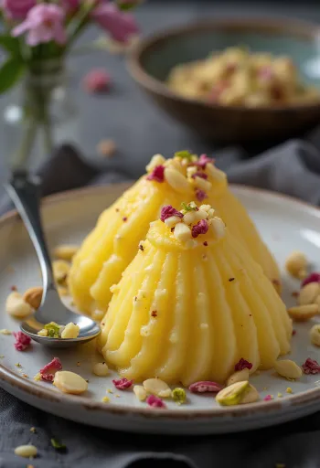 Sáfrányos kulfi tálalva, gazdag, krémes állagú és díszítve rózsaszirommal