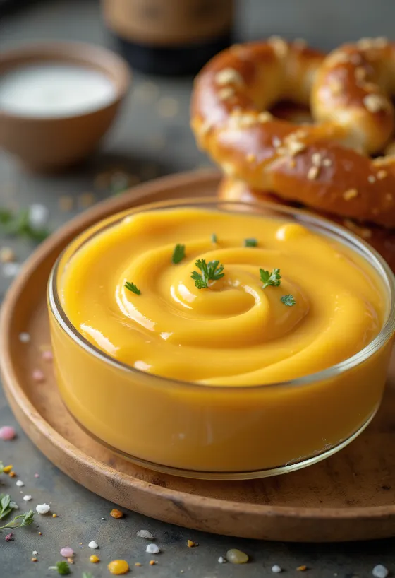 Sörös cheddar sajtmártás egy tálban, friss petrezselyemmel díszítve, nachos mellett.