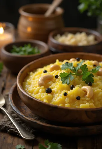 Tirupati Pongal tálalva friss korianderrel és földimogyoróval