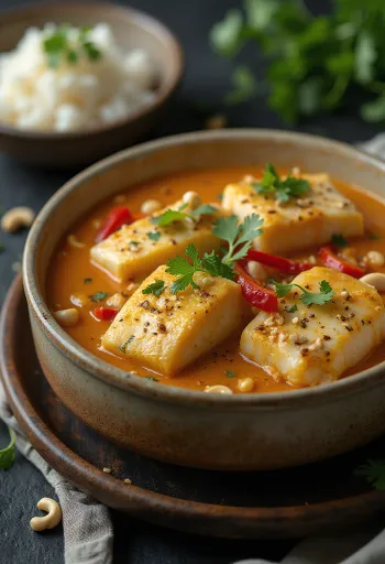 Vatapá de peixe com gengibre, kókusztejjel és dióval