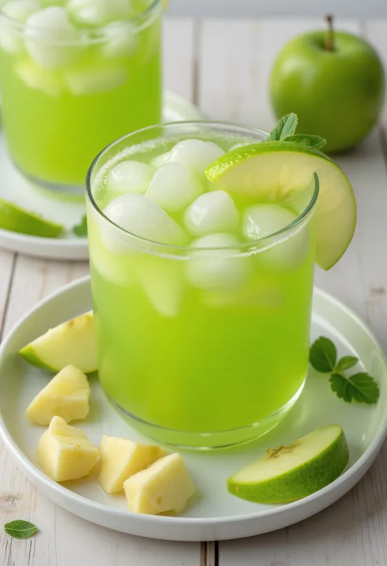 Frissítő zöldalmás limonádé pohárban mentával és jéggel