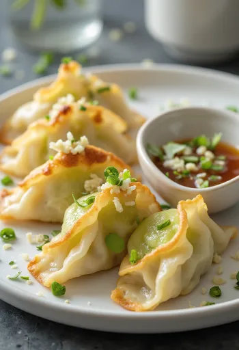Cukkinis gyoza ropogós aljú darabok szójaszósz mellett tálalva