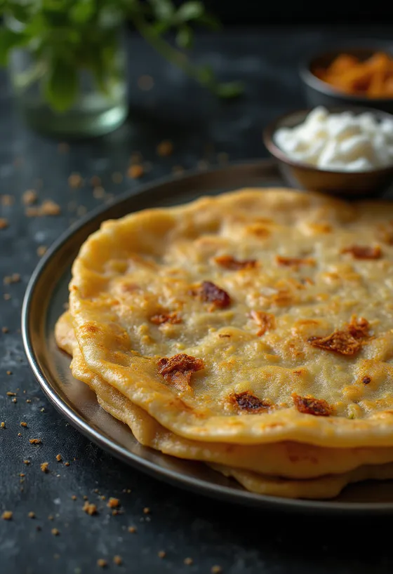 Adai dosa frissen, ropogósra sütve, fűszeres töltelékkel tálalva