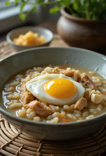 Arroz Caldo tojással tálalva, selymes rizskásaként csirkével és zöldhagymával