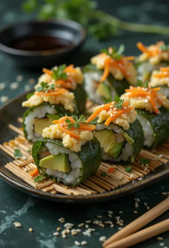 Avocado gimbap, koreai étel, szezámmaggal és friss zöldségekkel tálalva