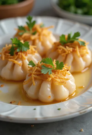 Bánh bột lọc sült hagymával tálalva, friss korianderrel