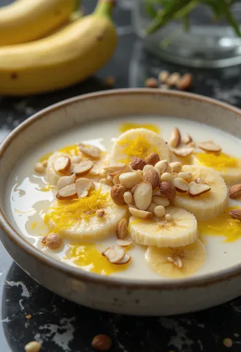 Basundi banánnal, gazdag tejkrémes desszert, mandulával és mogyoróval tálalva
