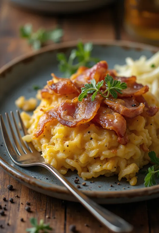 Bubble and squeak szalonnával tálalva, aranybarna ropogós réteggel