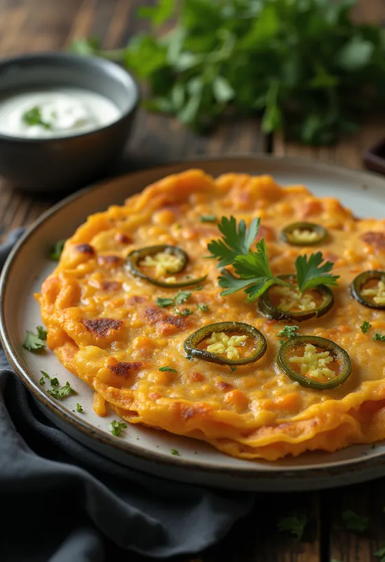 Carrot chilla, friss korianderrel tálalva