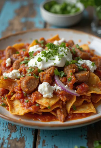 Chilaquiles con longaniza, friss korianderrel, tejföllel és sajttal tálalva