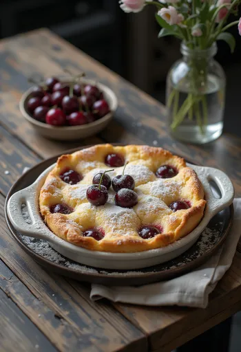 Friss, aranybarna Clafoutis meggyel, tálalva