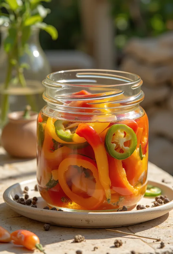 Csípős ecetes savanyított kaliforniai paprika üvegben