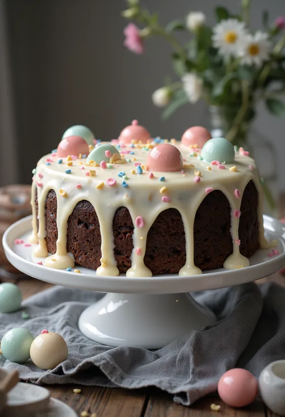 Csokoládé pöttyös torta fehér krémmel és ehető pöttyökkel díszítve