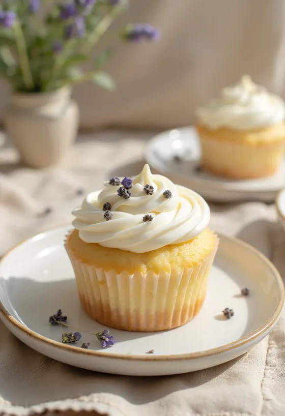 Fehércsokoládés levendulás cupcake tálalva