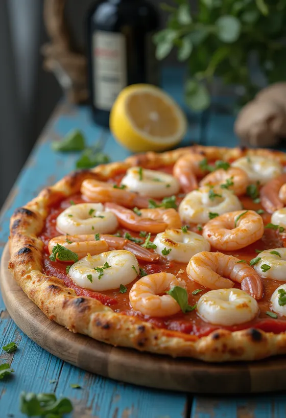 Frutti di Mare pizza fekete tintahallal tálalva