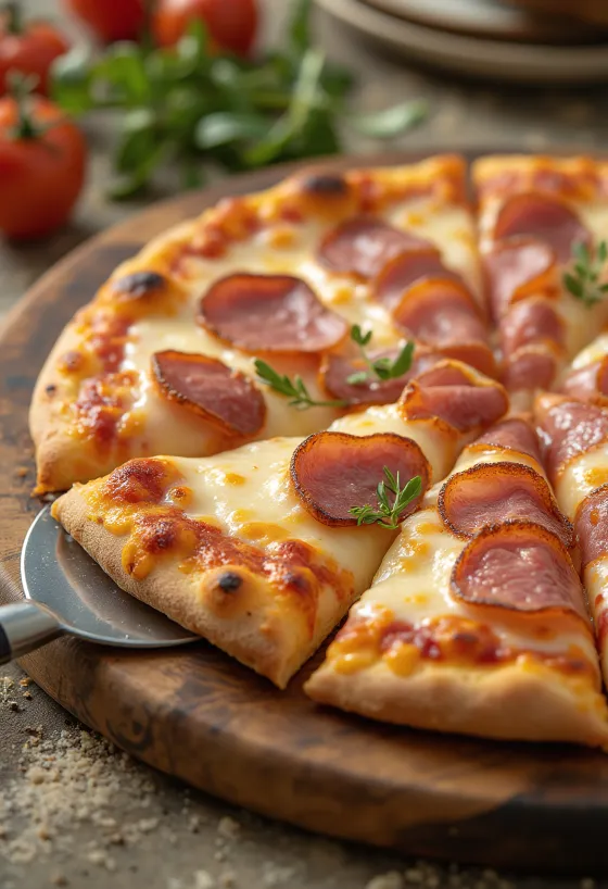 Húsos pizza szalámival és sajttal tálalva