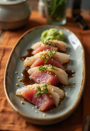 Katsuo tataki wasabival, tonhal szeletek szezámmaggal és zöldhagymával díszítve