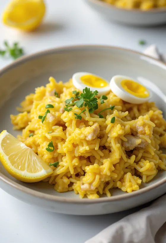 Kedgeree kipperrel, halas rizs, tojás és petrezselyem díszítéssel
