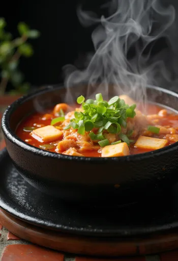 Kimchi Jjigae, koreai kimchi pörkölt gazdag ízekkel és tofuval