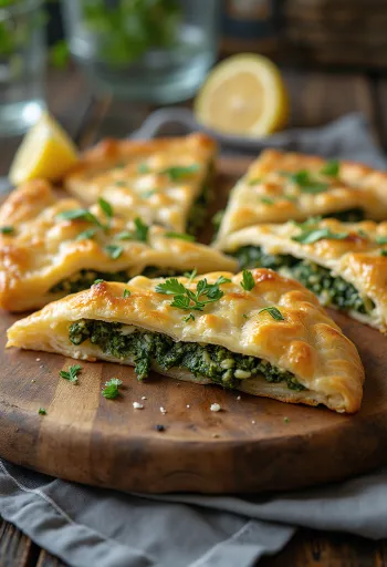 Klasszikus Spanakopita, spenótos és feta sajtos töltelékkel, aranybarna filo tésztában