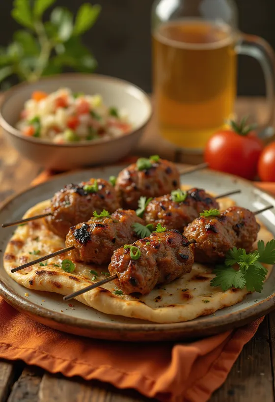 Kofta fűszeres darált hússal, korianderrel és pirított hagymával