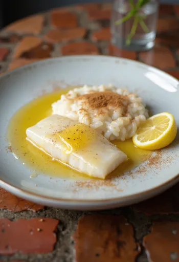 Lutefisk rizspudinggal, egy tányérban tálalva, citromos és fahéjas díszítéssel