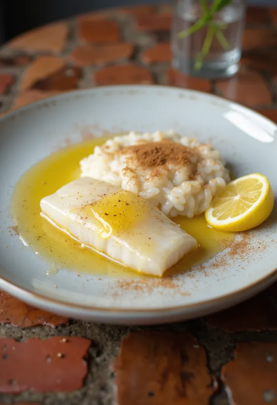 Lutefisk rizspudinggal, egy tányérban tálalva, citromos és fahéjas díszítéssel