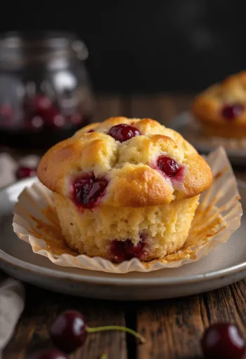 Friss meggyes muffin aranybarnára sütve, porcukorral megszórva
