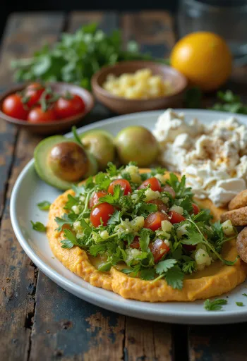 Friss meze tál tabbouleh-vel, hummusszal, fetasajttal és zöldségekkel tálalva