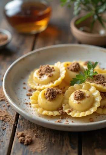 Amarettós ravioli tálalva