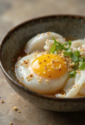 Onsen Tamago tálalva szezámmaggal