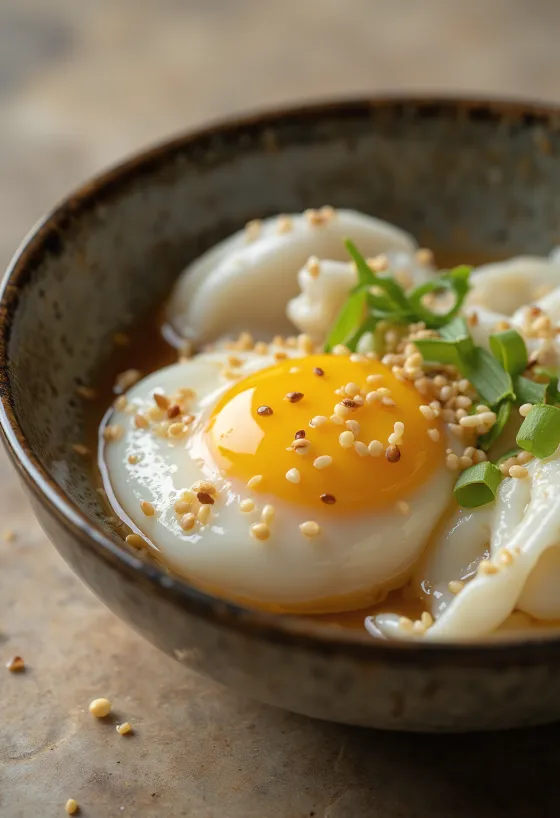 Onsen Tamago tálalva szezámmaggal