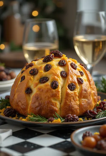 Panettone mazsolával, tálalva ünnepi alkalomra