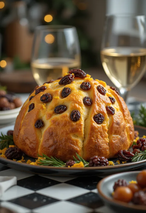 Panettone mazsolával, tálalva ünnepi alkalomra