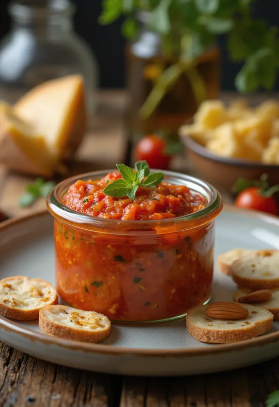 Pesto szárított paradicsommal és mandulával, friss bazsalikom díszítéssel