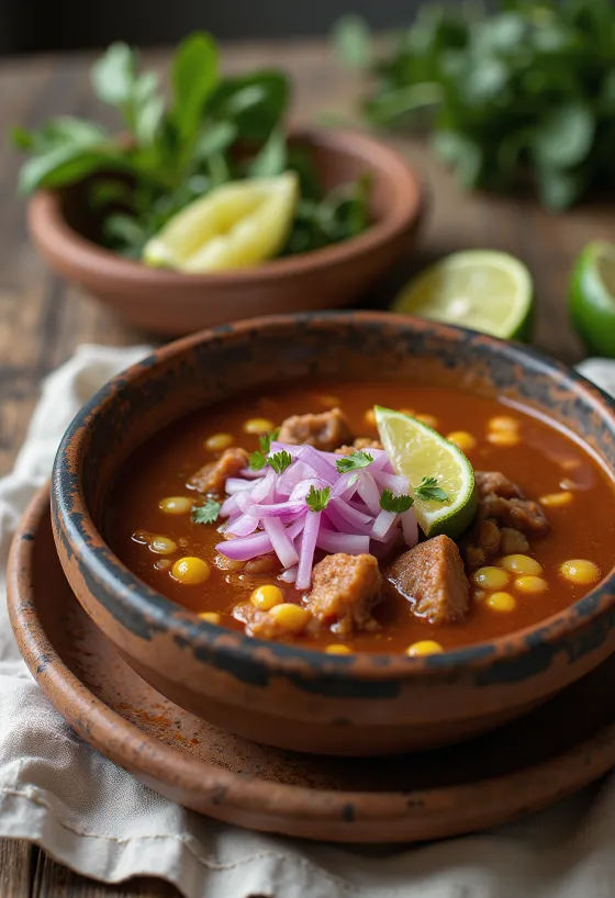 Pozole con chile ancho tálalva lime-mal, korianderrel és friss zöldhagymával