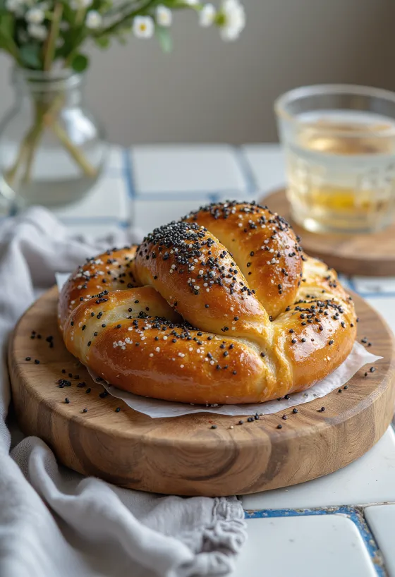 Friss, házi készítésű mákszemes pretzel, ropogós és aranybarna