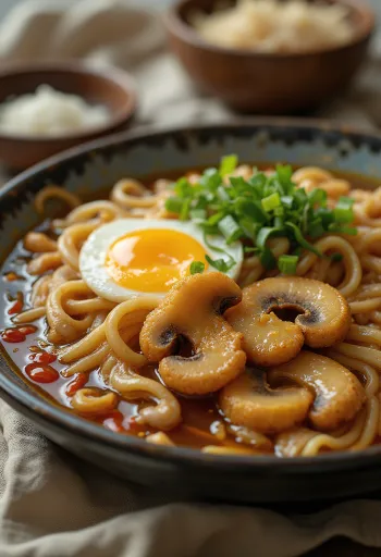 Ramen tál sült gombával, tésztával és feltétekkel
