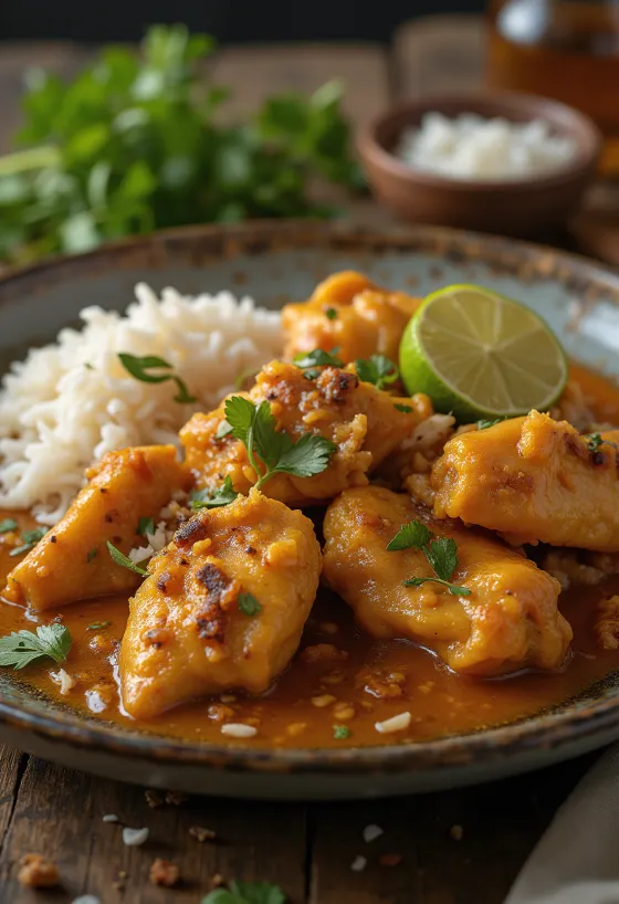 Rendang ayam tálalva friss korianderrel és körettel