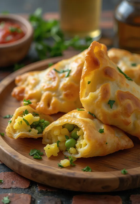Samosa burgonyás-zöldborsós töltelékkel, háromszög alakú, ropogós tésztában, friss korianderrel díszítve