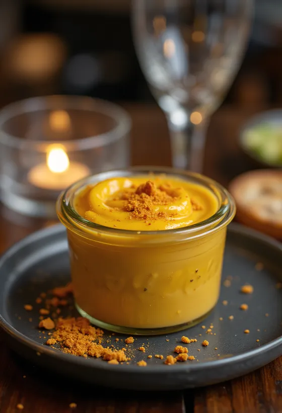 Sörös chilis mustárszósz egy tálban, friss chilivel és mustármaggal díszítve.