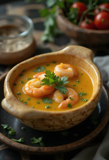 Tacacá korianderrel és fokhagymával ízesítve, tenger gyümölcseivel és zöldségekkel tálalva