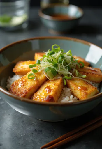 Tofu töltelékű katsudon szójaszószos szószban, friss zöldhagymával tálalva
