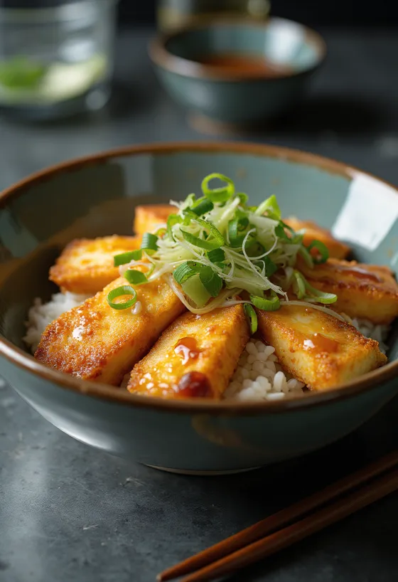 Tofu töltelékű katsudon szójaszószos szószban, friss zöldhagymával tálalva