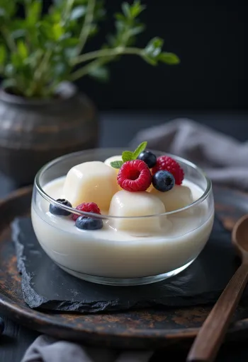 Warabi mochi tofupudinggal és friss bogyós gyümölcsökkel tálalva